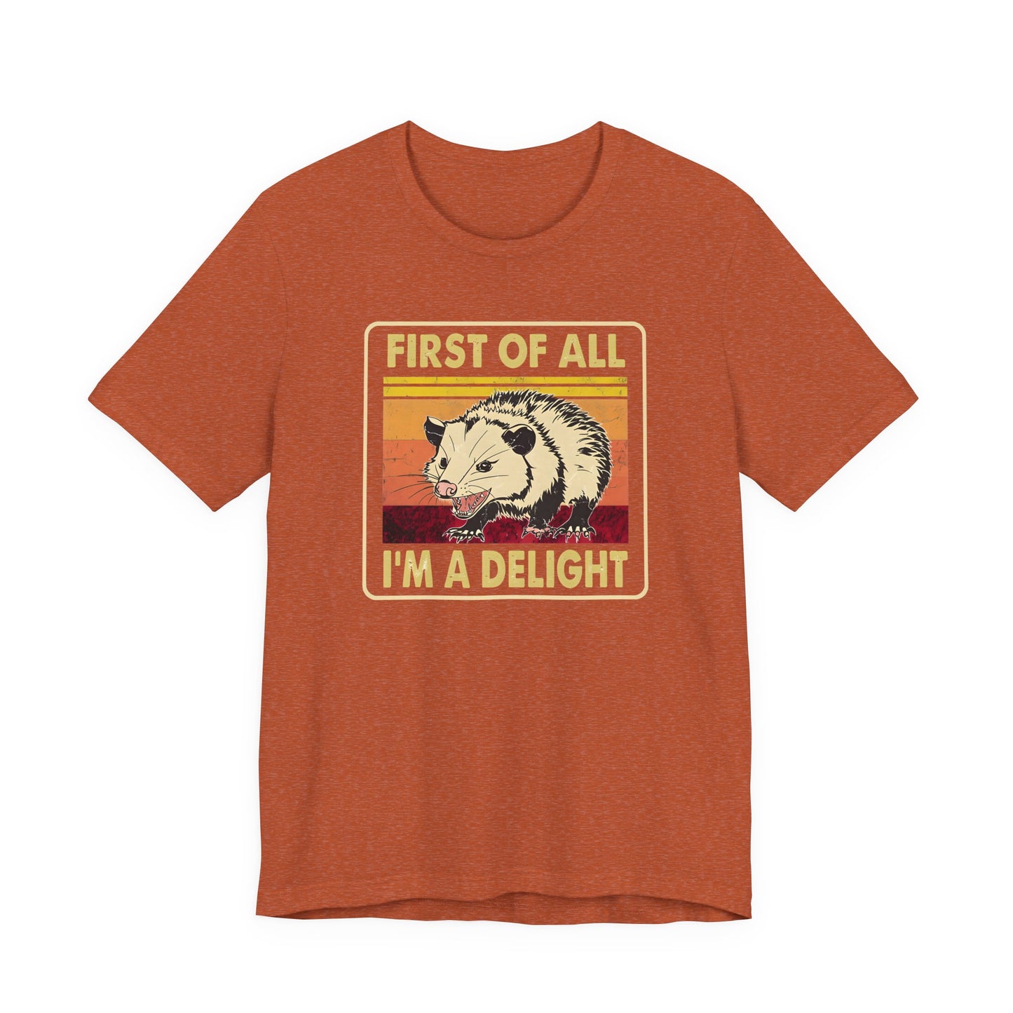 Funny Possum Unisex Tee - First of All, Im a Delight Shirt, Humorous Opossum T-Shirt, Cute Animal Top, Sassy Graphic Tee, Sarcastic Tee,
