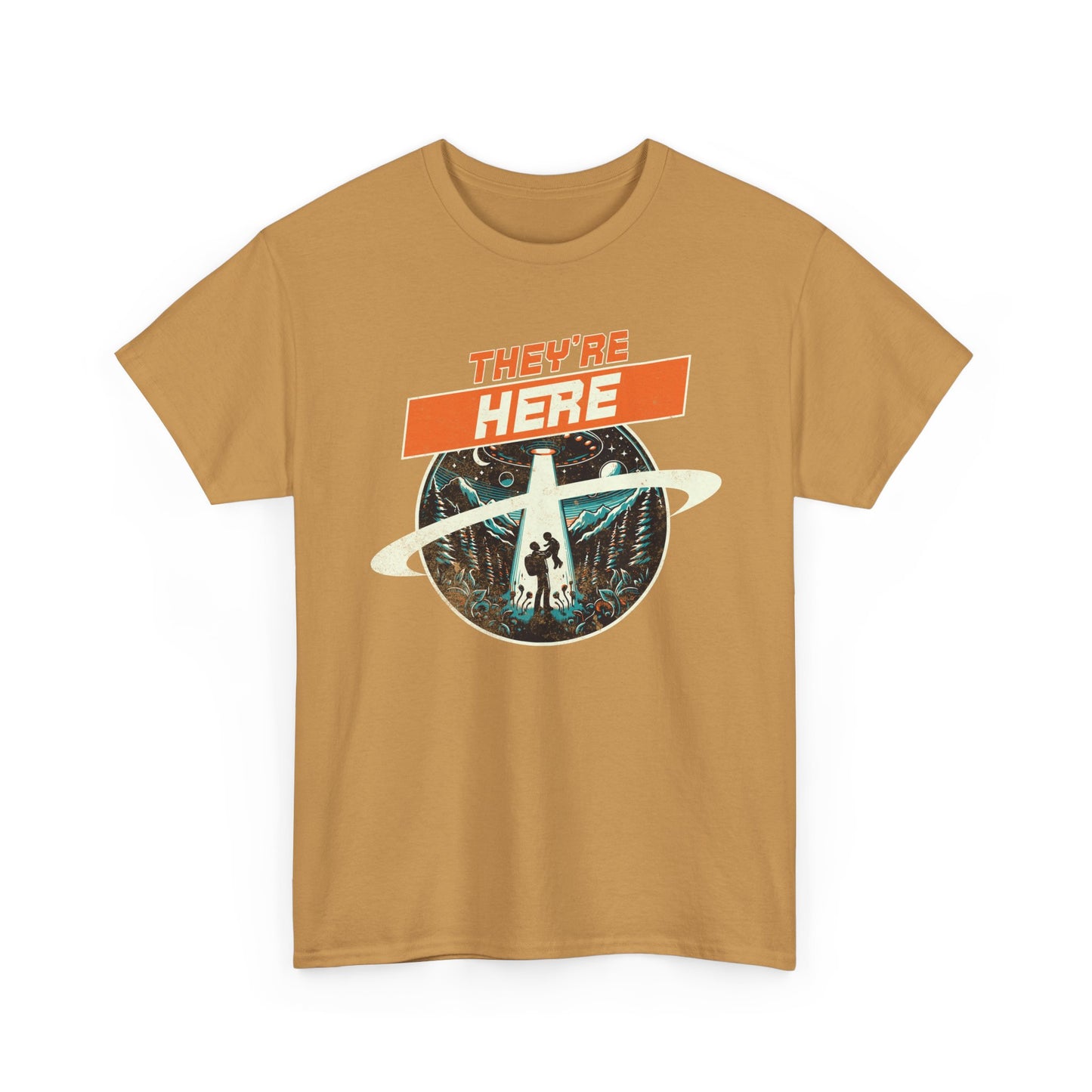 UFO Drone Spooky Alien Graphic Tee - 'They're Here' Unisex Heavy Cotton Shirt