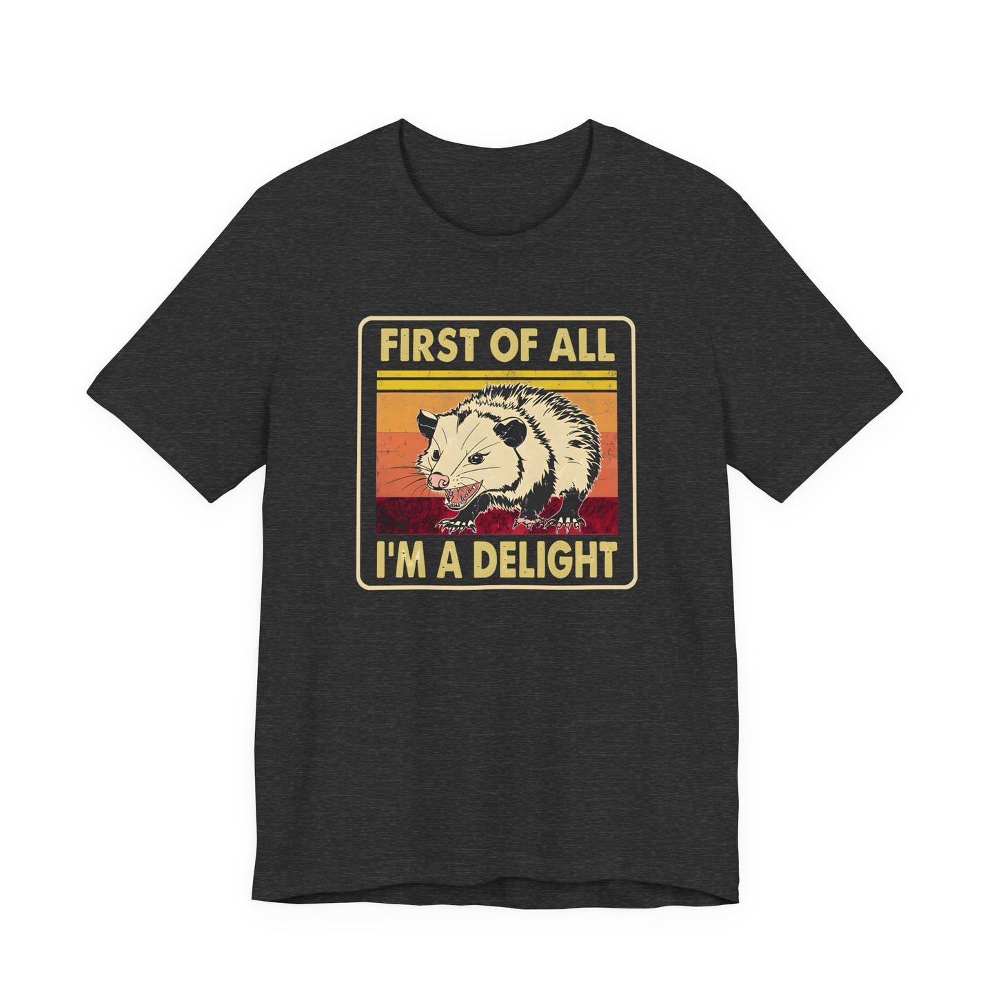 Funny Possum Unisex Tee - First of All, Im a Delight Shirt, Humorous Opossum T-Shirt, Cute Animal Top, Sassy Graphic Tee, Sarcastic Tee,