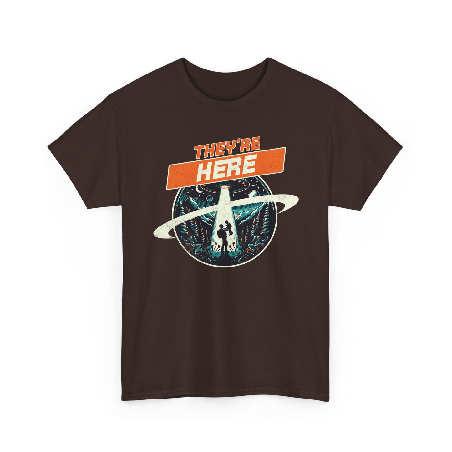 UFO Drone Spooky Alien Graphic Tee - 'They're Here' Unisex Heavy Cotton Shirt