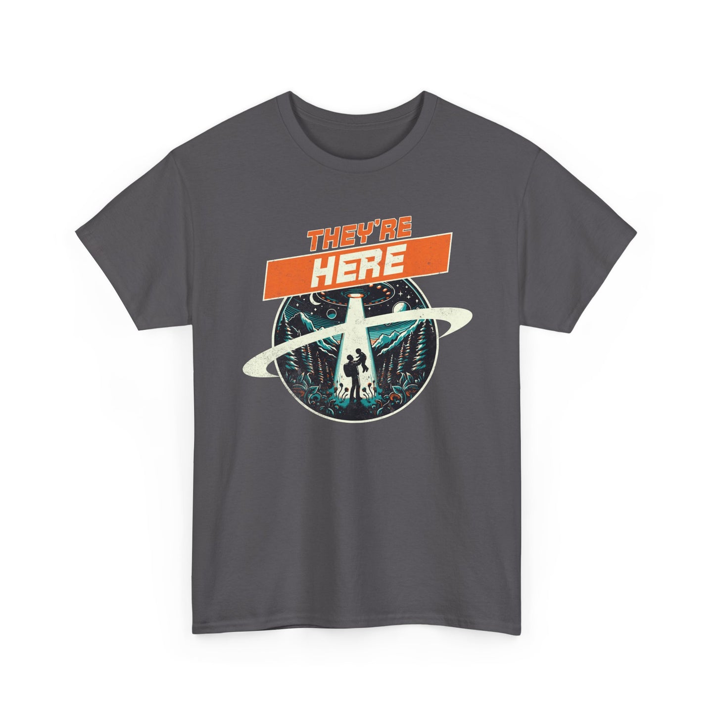 UFO Drone Spooky Alien Graphic Tee - 'They're Here' Unisex Heavy Cotton Shirt