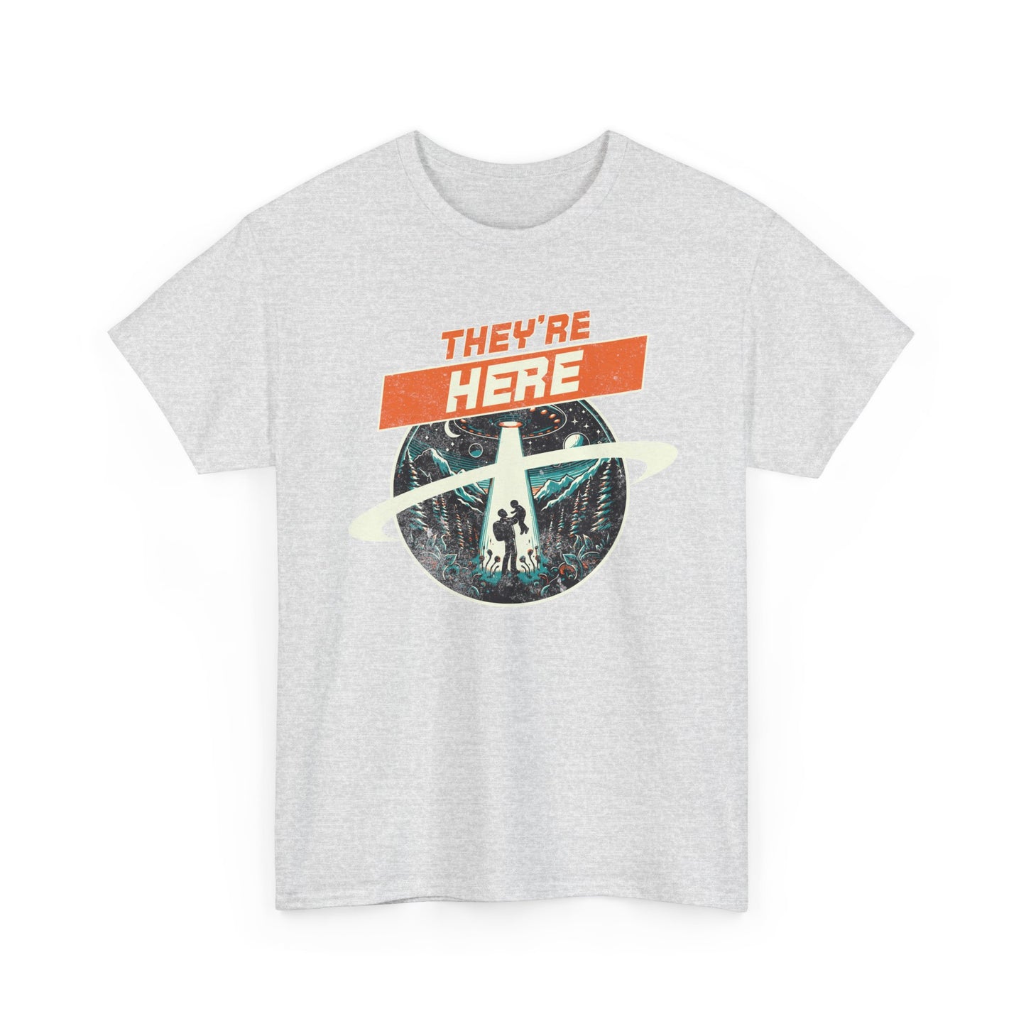 UFO Drone Spooky Alien Graphic Tee - 'They're Here' Unisex Heavy Cotton Shirt