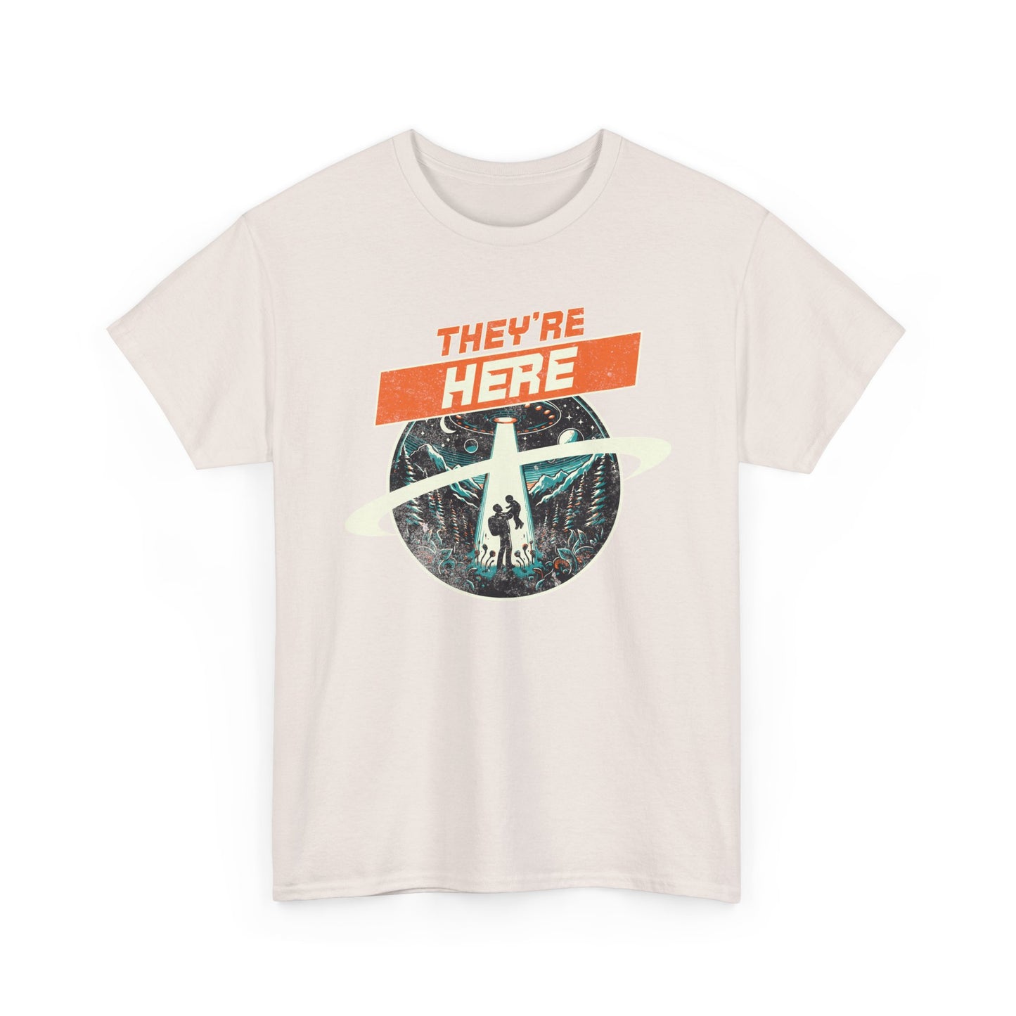 UFO Drone Spooky Alien Graphic Tee - 'They're Here' Unisex Heavy Cotton Shirt