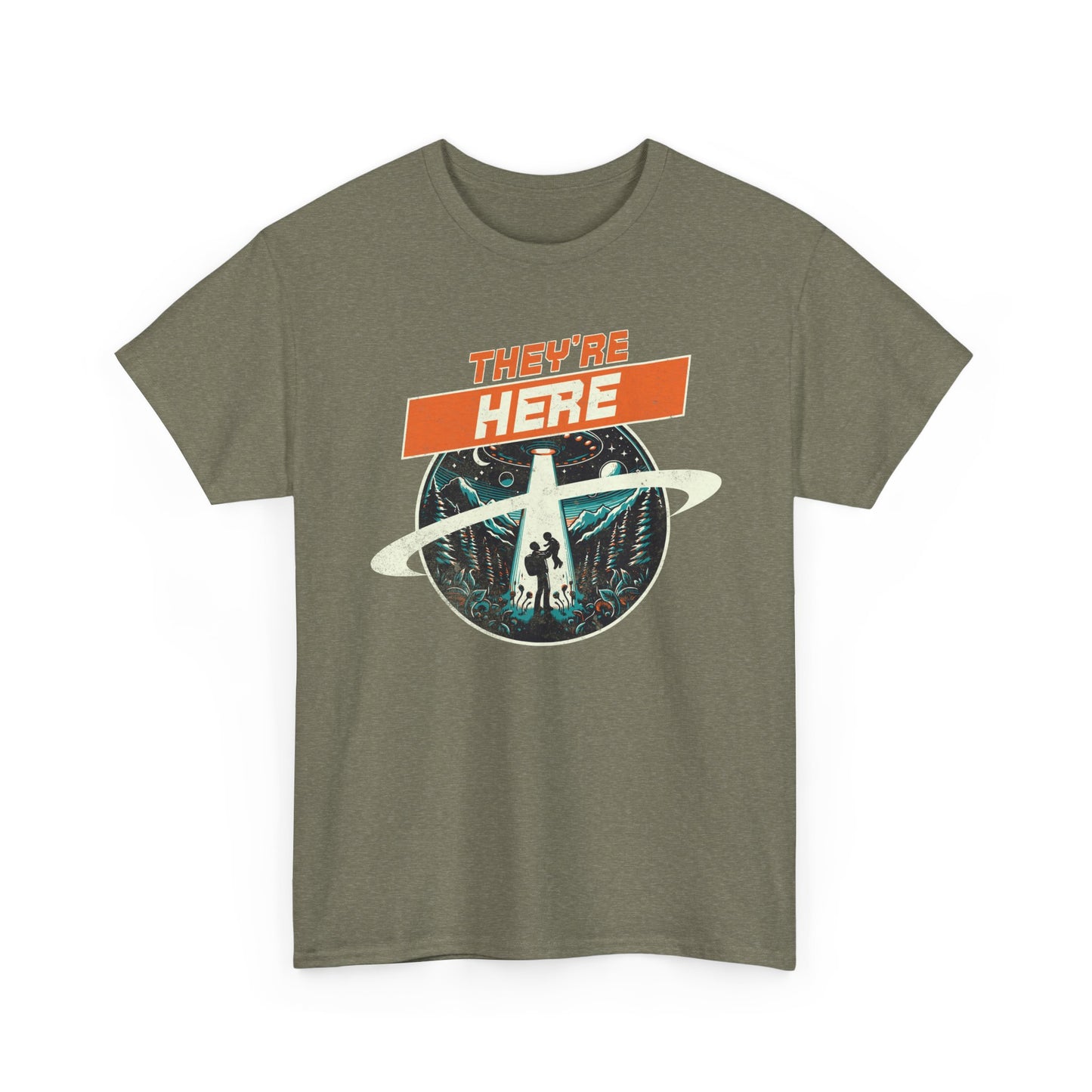 UFO Drone Spooky Alien Graphic Tee - 'They're Here' Unisex Heavy Cotton Shirt