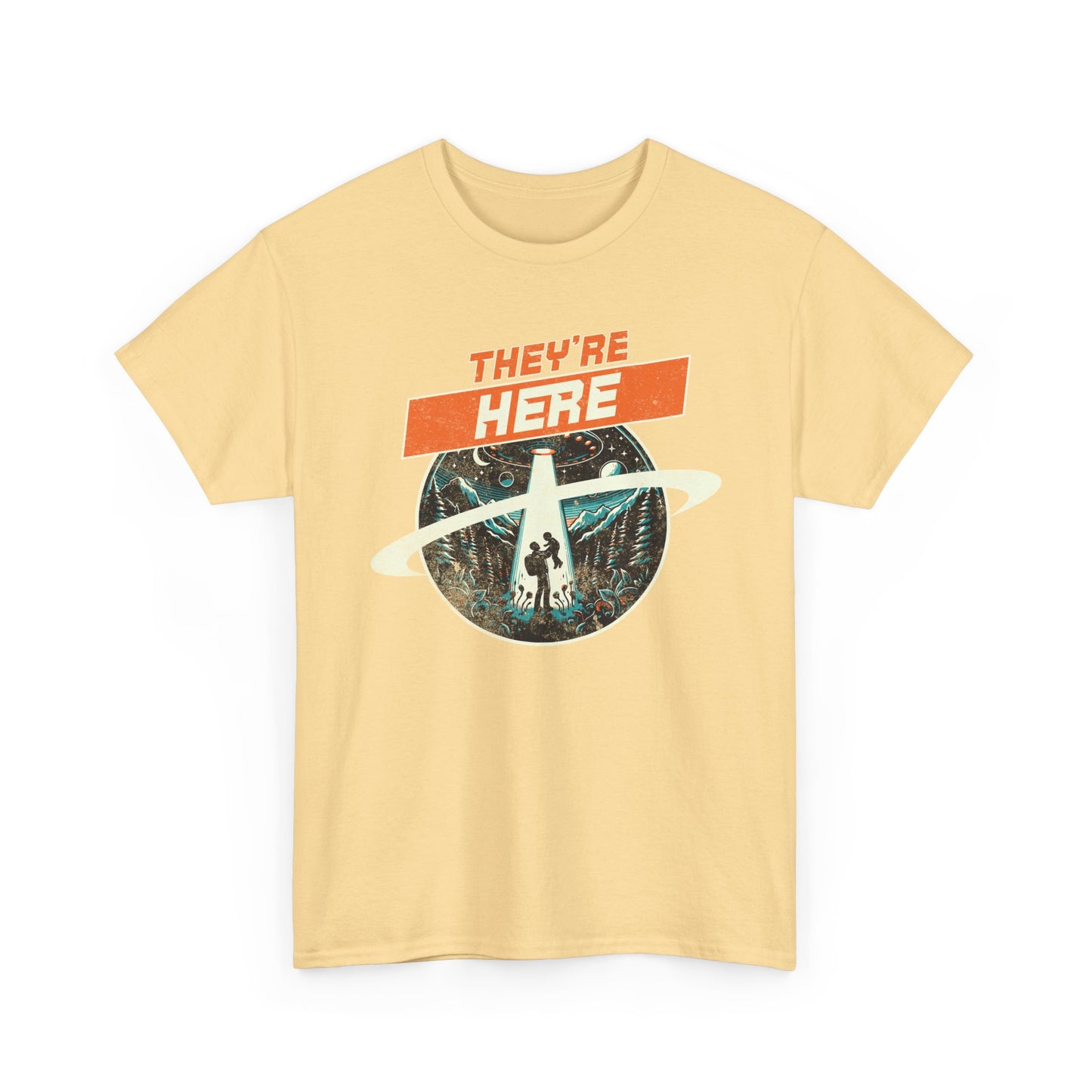 UFO Drone Spooky Alien Graphic Tee - 'They're Here' Unisex Heavy Cotton Shirt