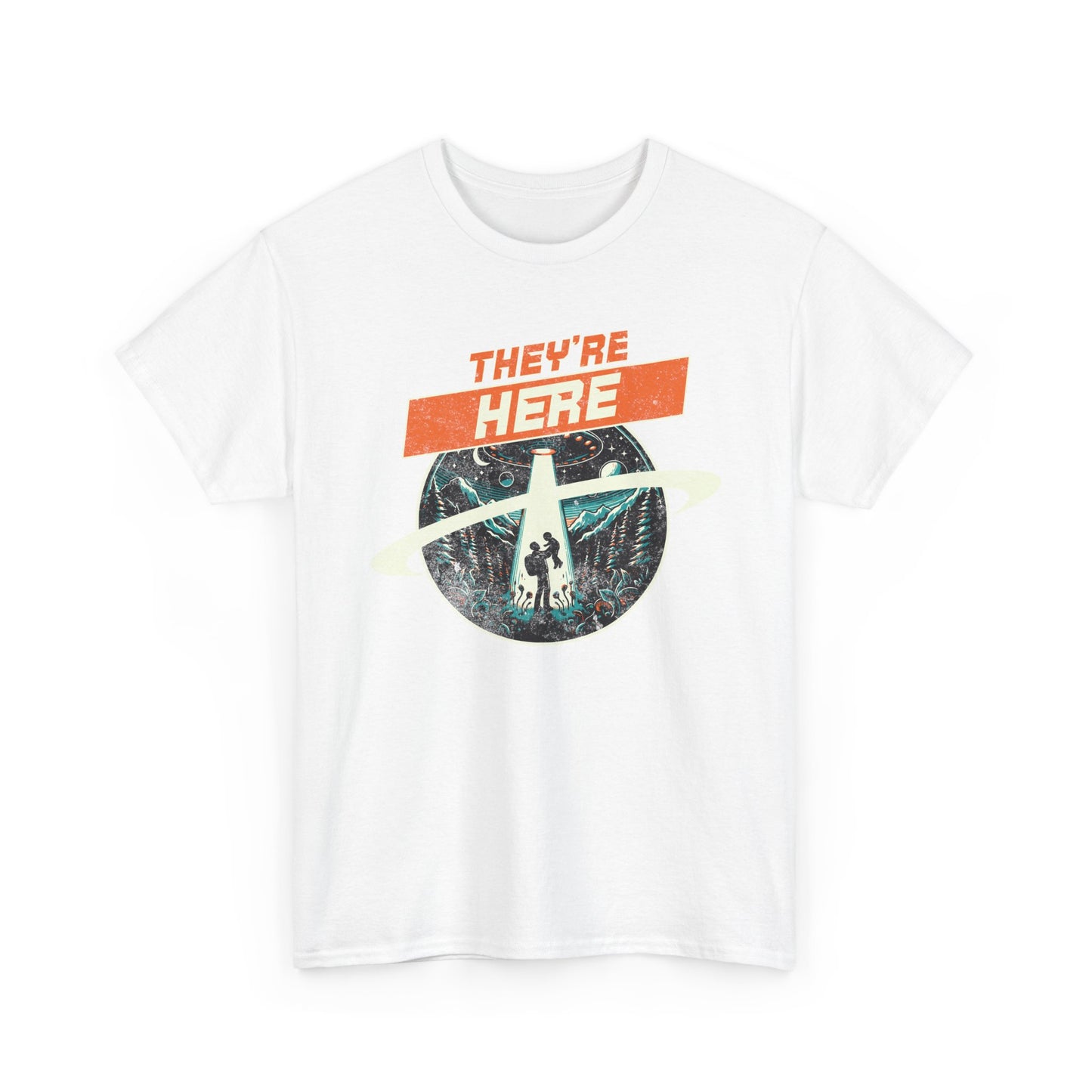 UFO Drone Spooky Alien Graphic Tee - 'They're Here' Unisex Heavy Cotton Shirt